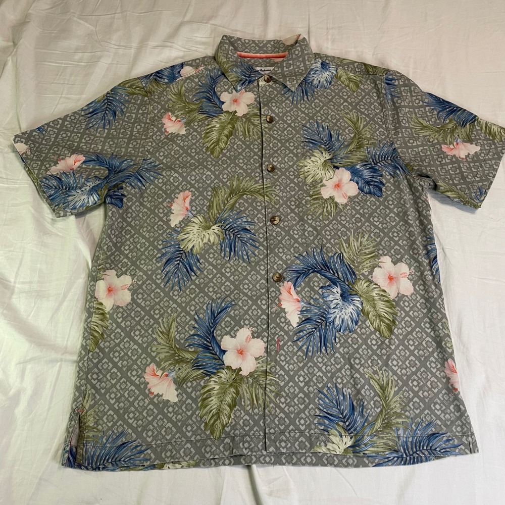 Tommy Bahama Shirt Men L Grey Silk Tropical Floral Hibiscus Geometric TB93 Short